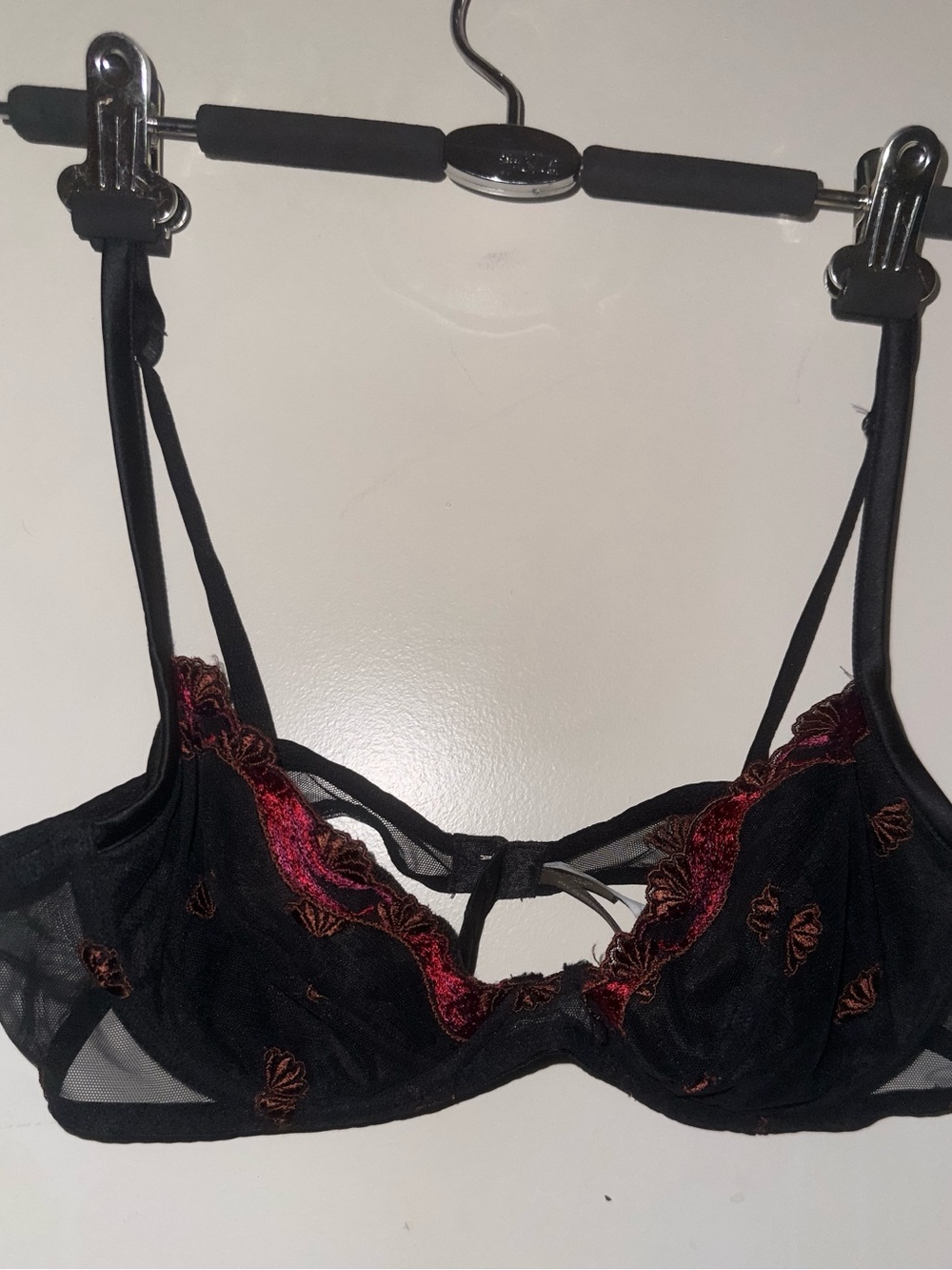 Argento Vivo Black Sheer Bra with Red Embroidery